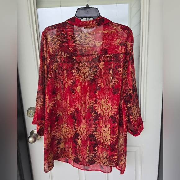 Catherines Sheer Tunic Top 2X Plus Womens 3/4 Sleeve Orange Paisely Open Front - Picture 13 of 15